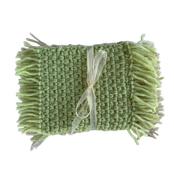Mug Rugs Coasters Handmade Crochet Green Beige Fringe Vinyl Back Set of 4 - Picture 2 of 10